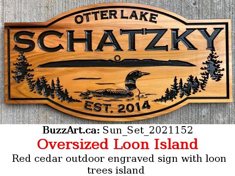Red cedar outdoor engraved sign with loon trees island 